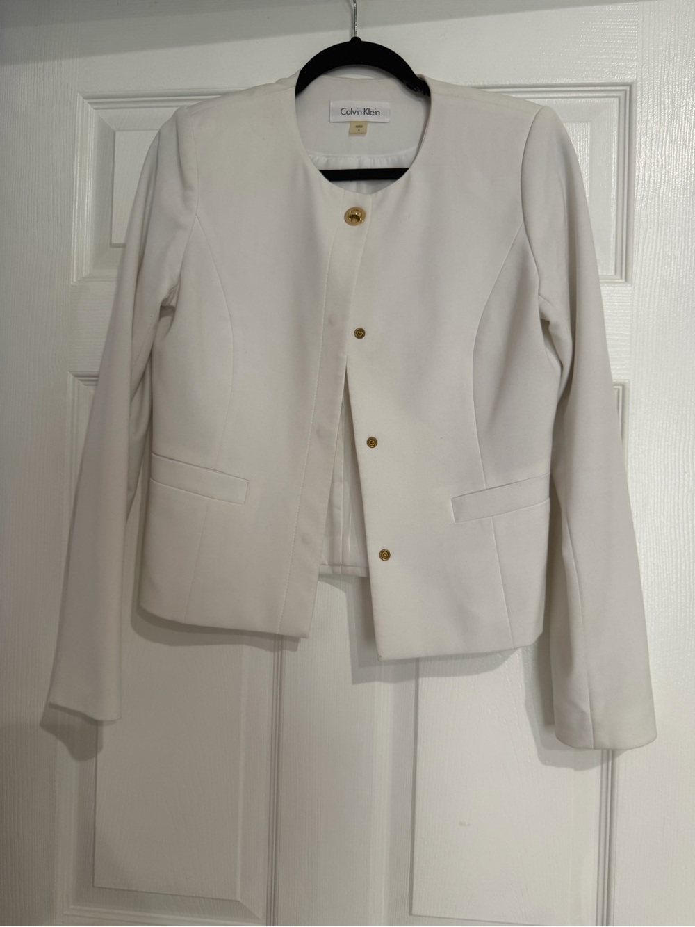 Calvin Klein Women's white Collarless Blazer with Gold Buttons